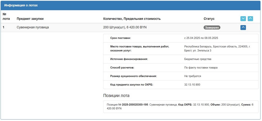 Тендер Брестского горисполкома на сувенирные пуговицы. Скриншот сайта госзакупок