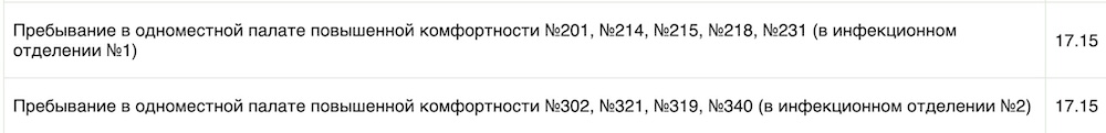 Скриншот цен на сайте Брестской областной клинической больницы.