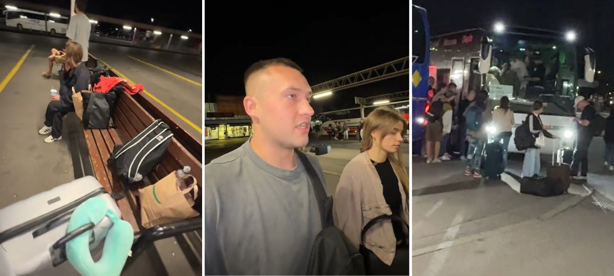 Беларусы ждут опоздавшие автобусы на вокзале в Варшаве 19 августа 2025 года. Коллаж BGmedia